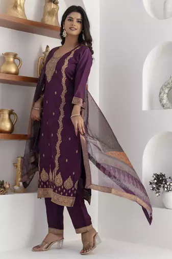 Purple embroidered viscose self jacquard kurta sets