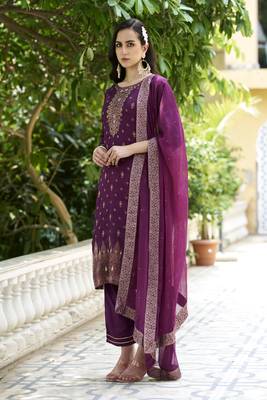 Purple embroidered viscose rayon silk kurta sets 1