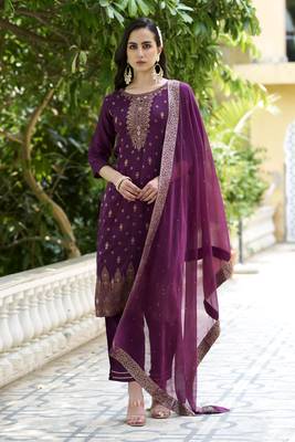 Purple embroidered viscose rayon silk kurta sets 2