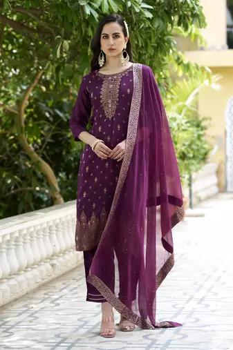 Purple embroidered viscose rayon silk kurta sets