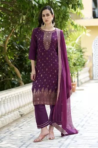 Purple embroidered viscose rayon silk kurta sets