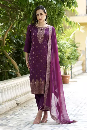 Purple embroidered viscose rayon silk kurta sets