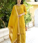 Yellow embroidered viscose rayon silk kurta sets