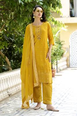 Yellow embroidered viscose rayon silk kurta sets 2