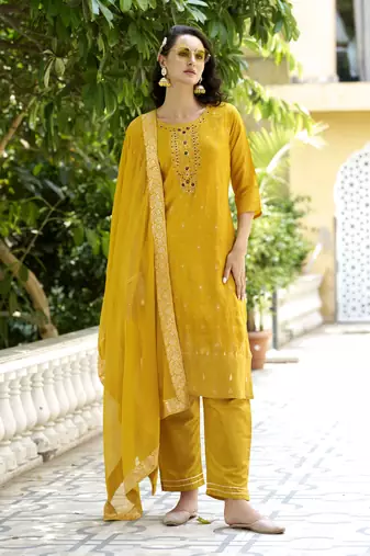 Yellow embroidered viscose rayon silk kurta sets