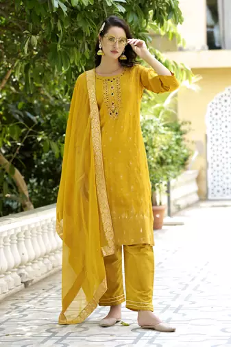 Yellow embroidered viscose rayon silk kurta sets