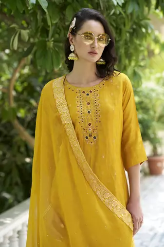 Yellow embroidered viscose rayon silk kurta sets