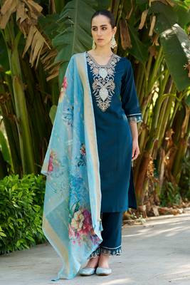 Blue embroidered viscose rayon kurta sets 1