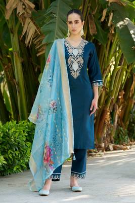 Blue embroidered viscose rayon kurta sets 2