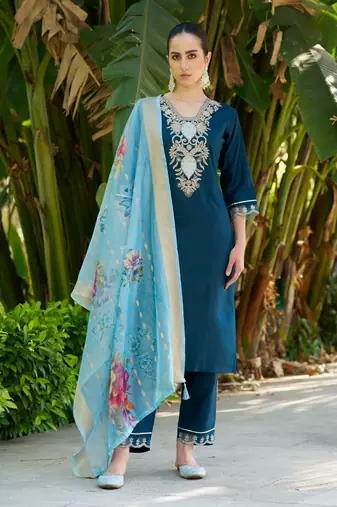 Blue embroidered viscose rayon kurta sets