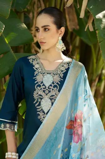 Blue embroidered viscose rayon kurta sets