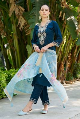 Blue embroidered viscose rayon kurta sets 4