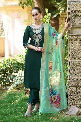 Green embroidered viscose rayon kurta sets