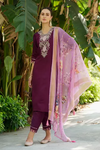 Purple embroidered viscose rayon kurta sets
