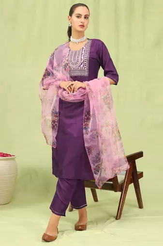 Purple embroidered silk blend kurta sets