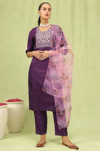 Purple embroidered silk blend kurta sets