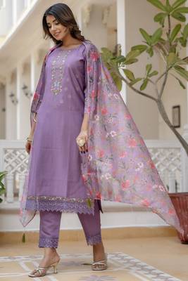 Lavender embroidered viscose rayon kurta sets 1