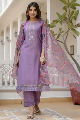 Lavender embroidered viscose rayon kurta sets