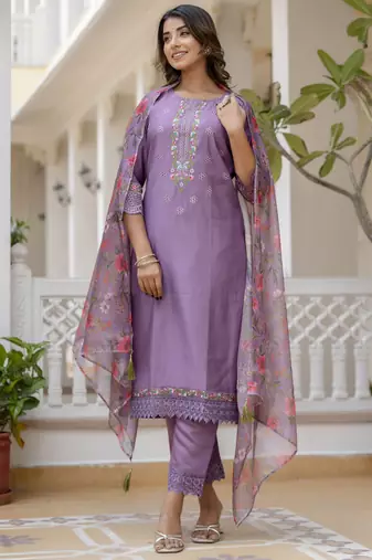 Lavender embroidered viscose rayon kurta sets