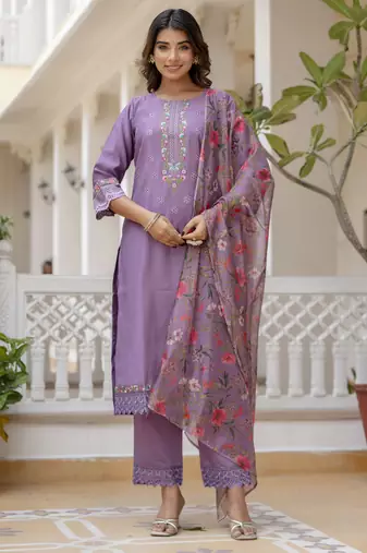 Lavender embroidered viscose rayon kurta sets