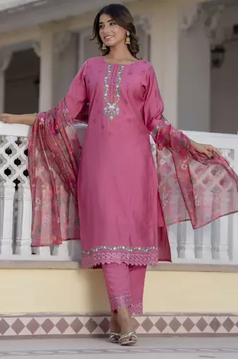 Pink embroidered viscose rayon kurta sets
