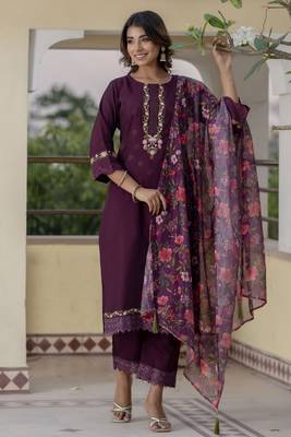 Purple embroidered viscose rayon kurta sets 1