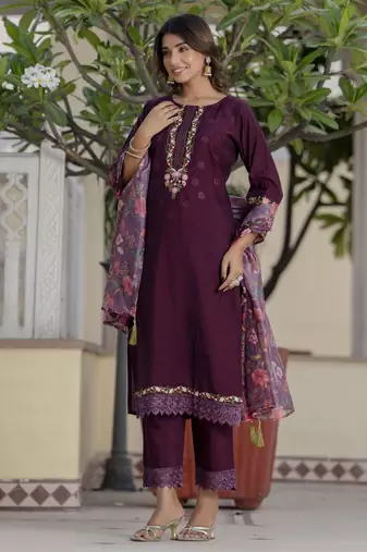 Purple embroidered viscose rayon kurta sets