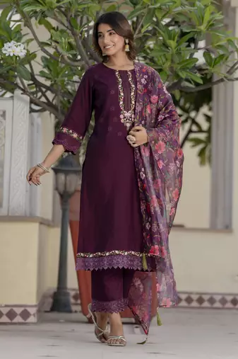 Purple embroidered viscose rayon kurta sets