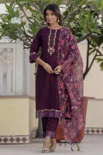 Purple embroidered viscose rayon kurta sets