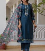 Teal embroidered viscose rayon kurta sets