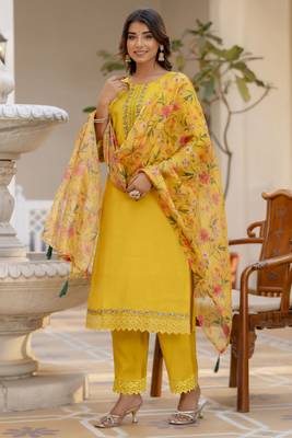 Yellow embroidered viscose rayon kurta sets 1