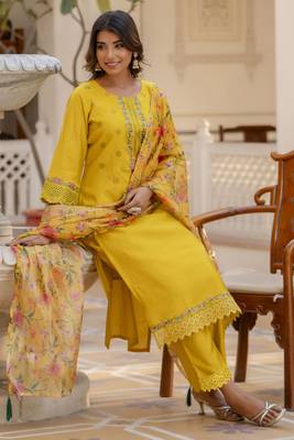 Yellow embroidered viscose rayon kurta sets 2