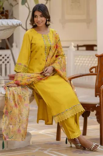 Yellow embroidered viscose rayon kurta sets