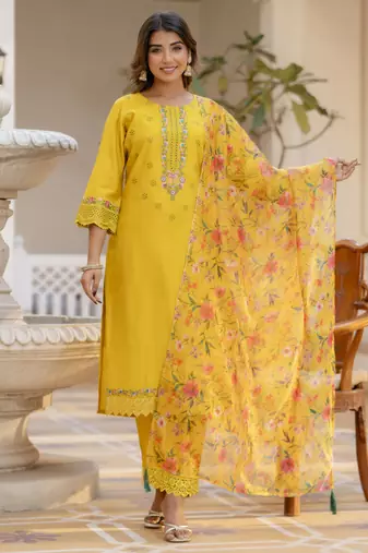 Yellow embroidered viscose rayon kurta sets