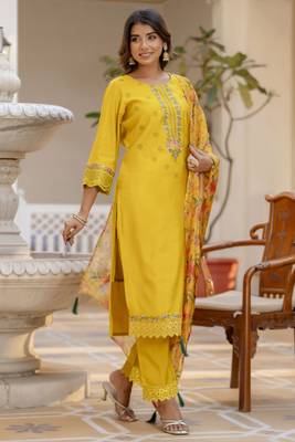 Yellow embroidered viscose rayon kurta sets 4