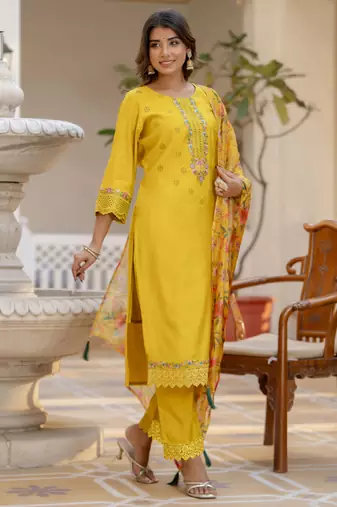 Yellow embroidered viscose rayon kurta sets