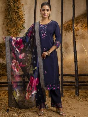 Blue embroidered viscose roman silk kurta sets 1
