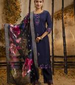 Blue embroidered viscose roman silk kurta sets