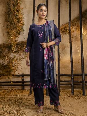 Blue embroidered viscose roman silk kurta sets 2