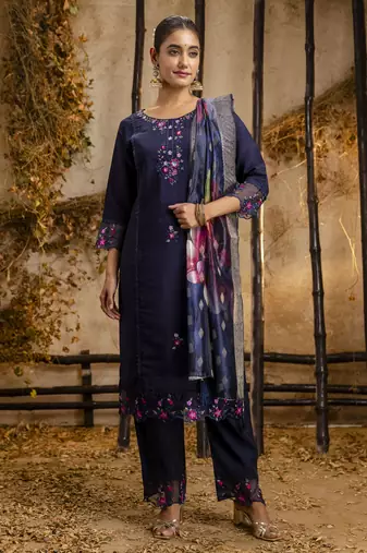 Blue embroidered viscose roman silk kurta sets