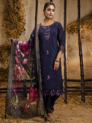 Blue embroidered viscose roman silk kurta sets 3