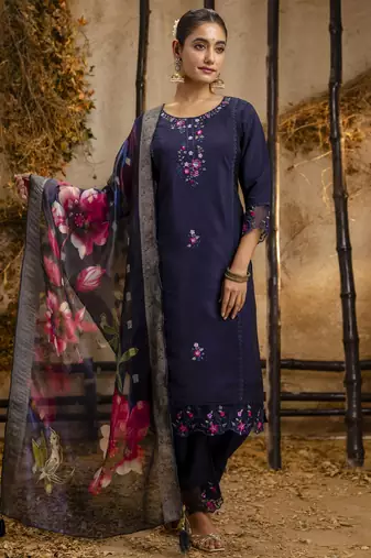 Blue embroidered viscose roman silk kurta sets