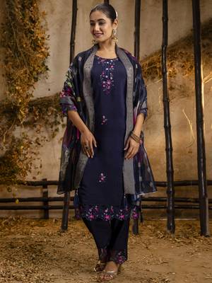 Blue embroidered viscose roman silk kurta sets 4