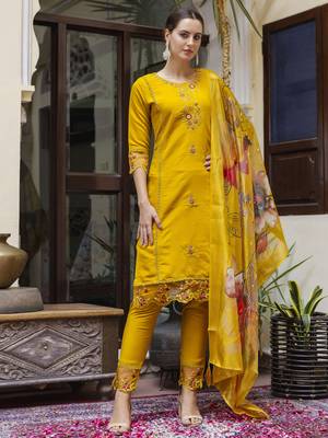 Mustard embroidered viscose roman silk kurta sets 1