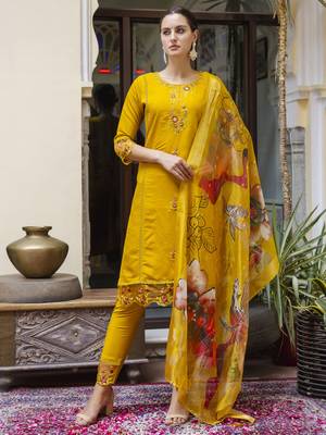 Mustard embroidered viscose roman silk kurta sets 2