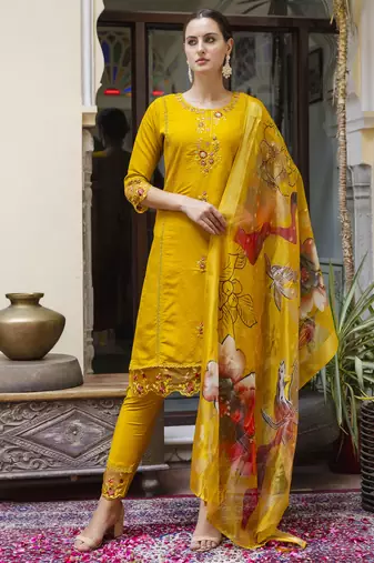 Mustard embroidered viscose roman silk kurta sets