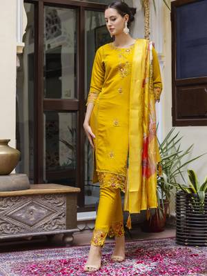 Mustard embroidered viscose roman silk kurta sets 3