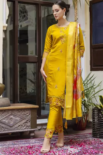Mustard embroidered viscose roman silk kurta sets