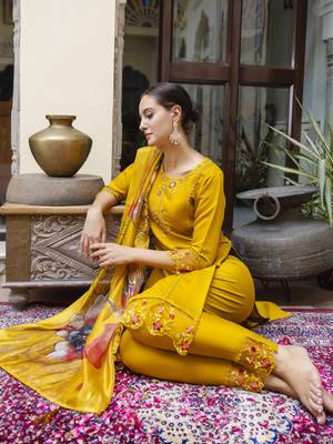 Mustard embroidered viscose roman silk kurta sets 4