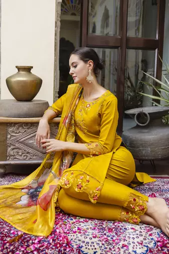 Mustard embroidered viscose roman silk kurta sets